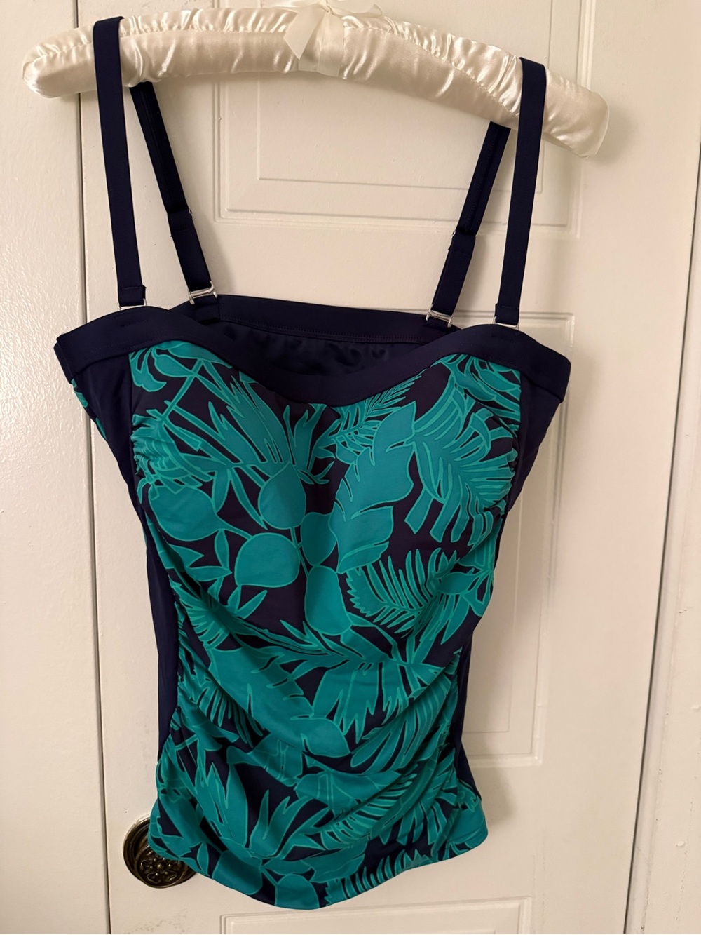 Lands' End Navy Swimsuit top with Teal Tropical Print size 8